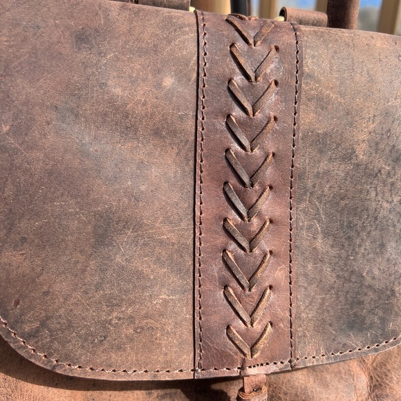 SALE BOHO CHIC Genuine brown buffalo leather bag backpack flap tassel New - Picture 8 of 12